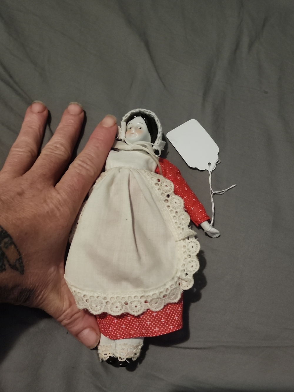 Handmade Porcelain Country Doll in Red Dress with White Apron